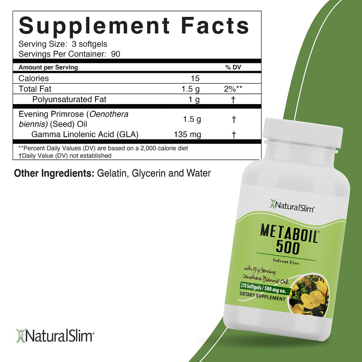 NaturalSlim Metaboil 500 supplement bottle showing metabolic and skin health benefits label
