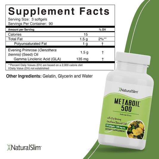 NaturalSlim Metaboil 500 supplement bottle showing metabolic and skin health benefits label