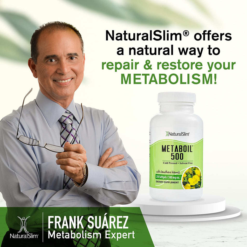 NaturalSlim Metaboil 500 cold pressed evening primrose oil dietary supplement container close up