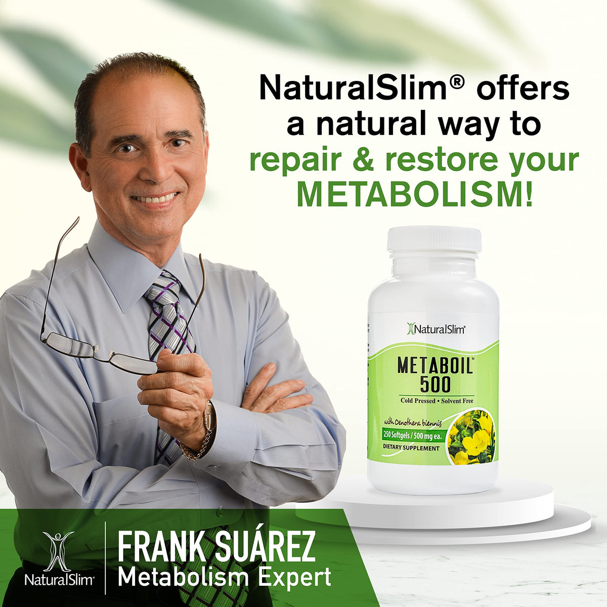 NaturalSlim Metaboil 500 cold pressed evening primrose oil dietary supplement container close up