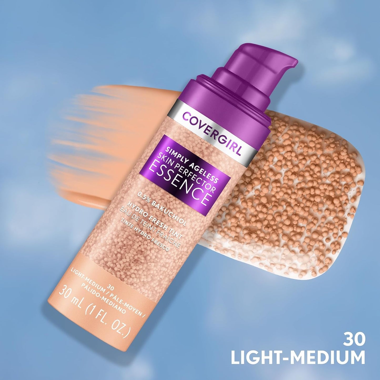 Covergirl liquid gel foundation showing dewy finish and skin plumping hydration benefits.