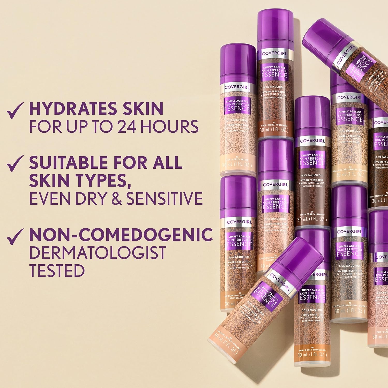 Covergirl imported USA beauty product collection featuring the Simply Ageless Skin Perfector bottle.
