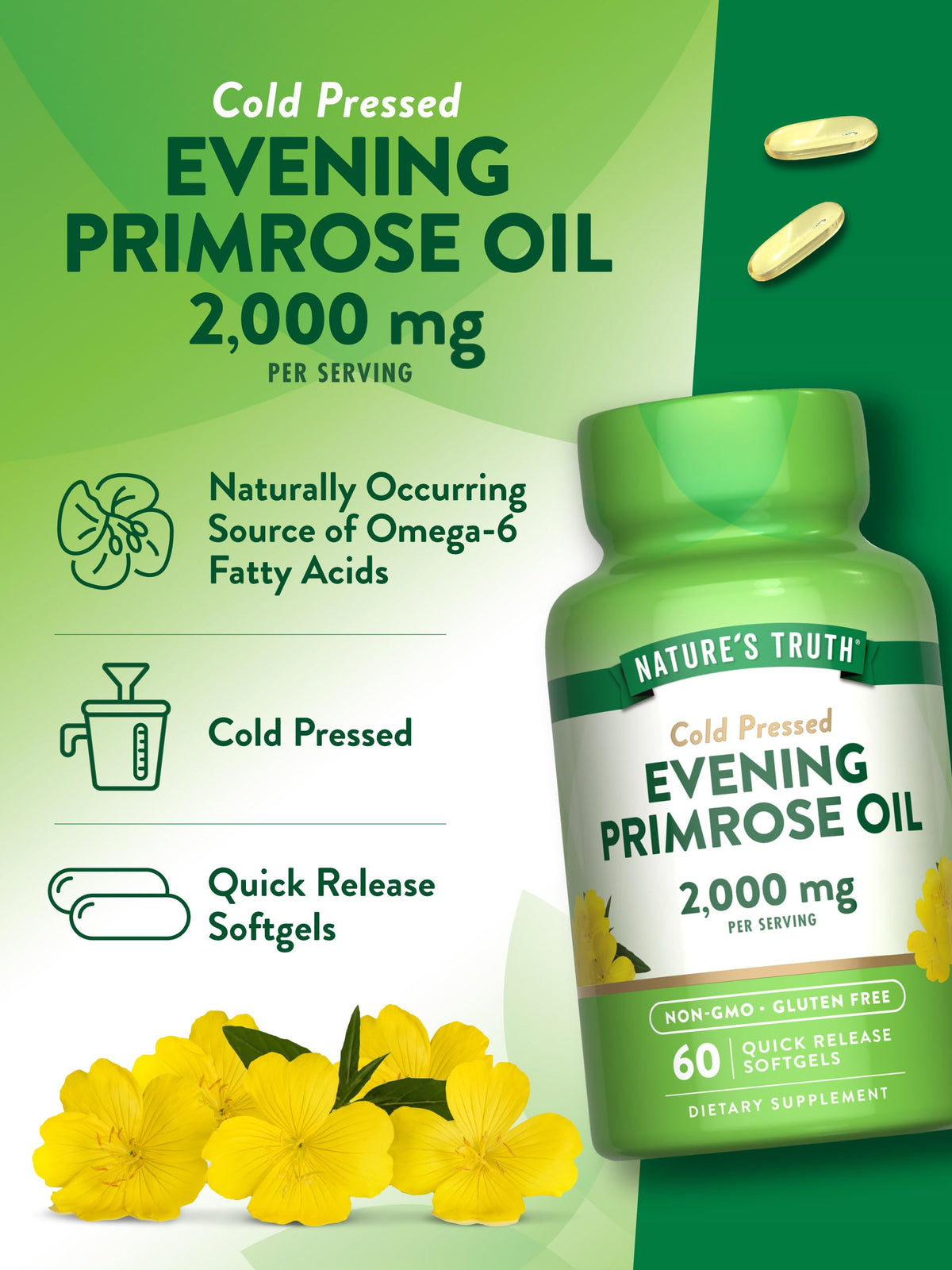 USA sourced Nature's Truth Evening Primrose Oil 2000mg capsules close up view
