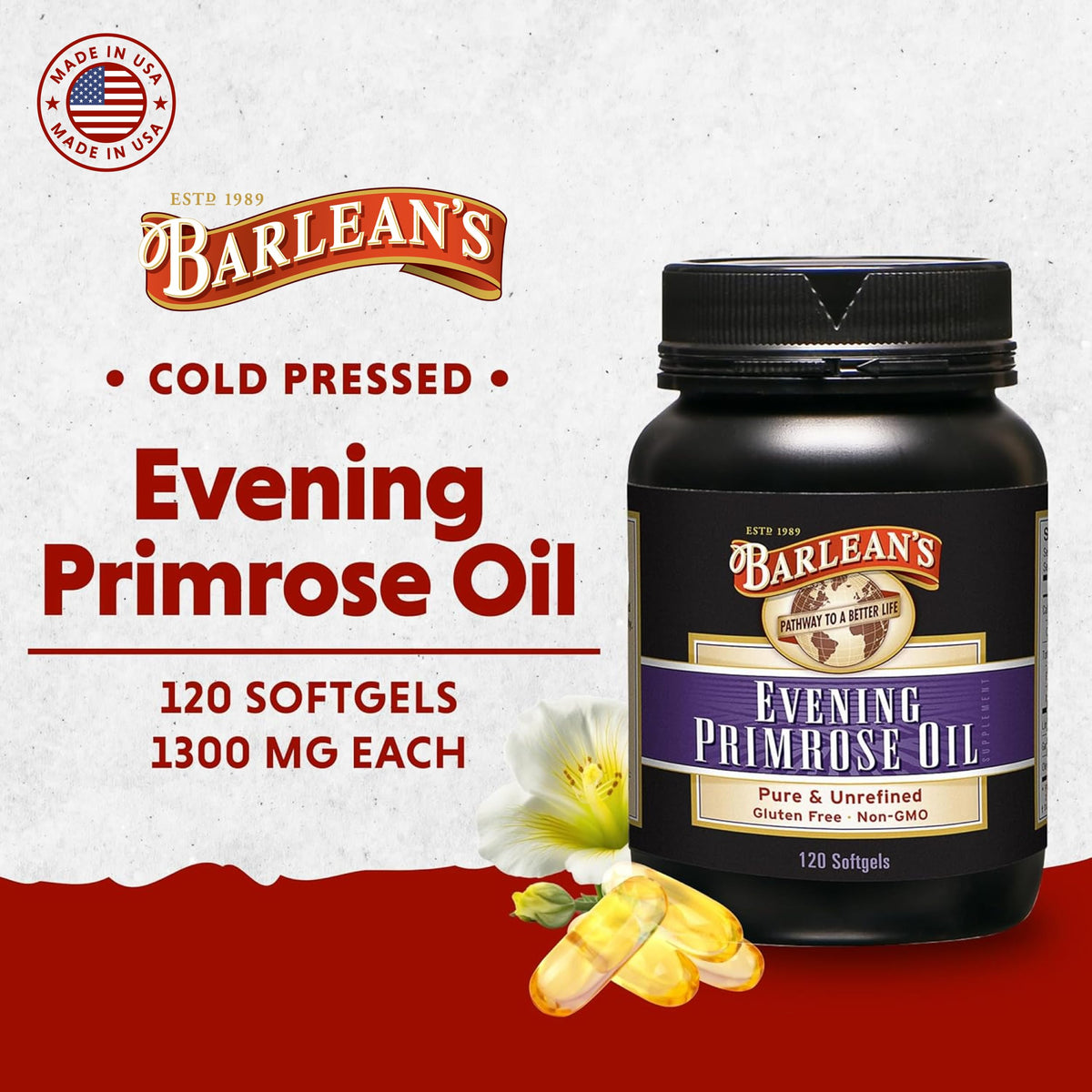 Barlean's Organic Evening Primrose Oil capsules showing nutrition facts and ingredient list.