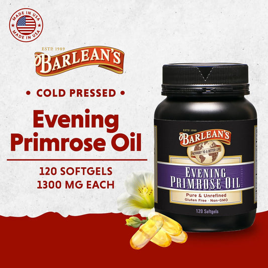 Barlean's Organic Evening Primrose Oil capsules showing nutrition facts and ingredient list.