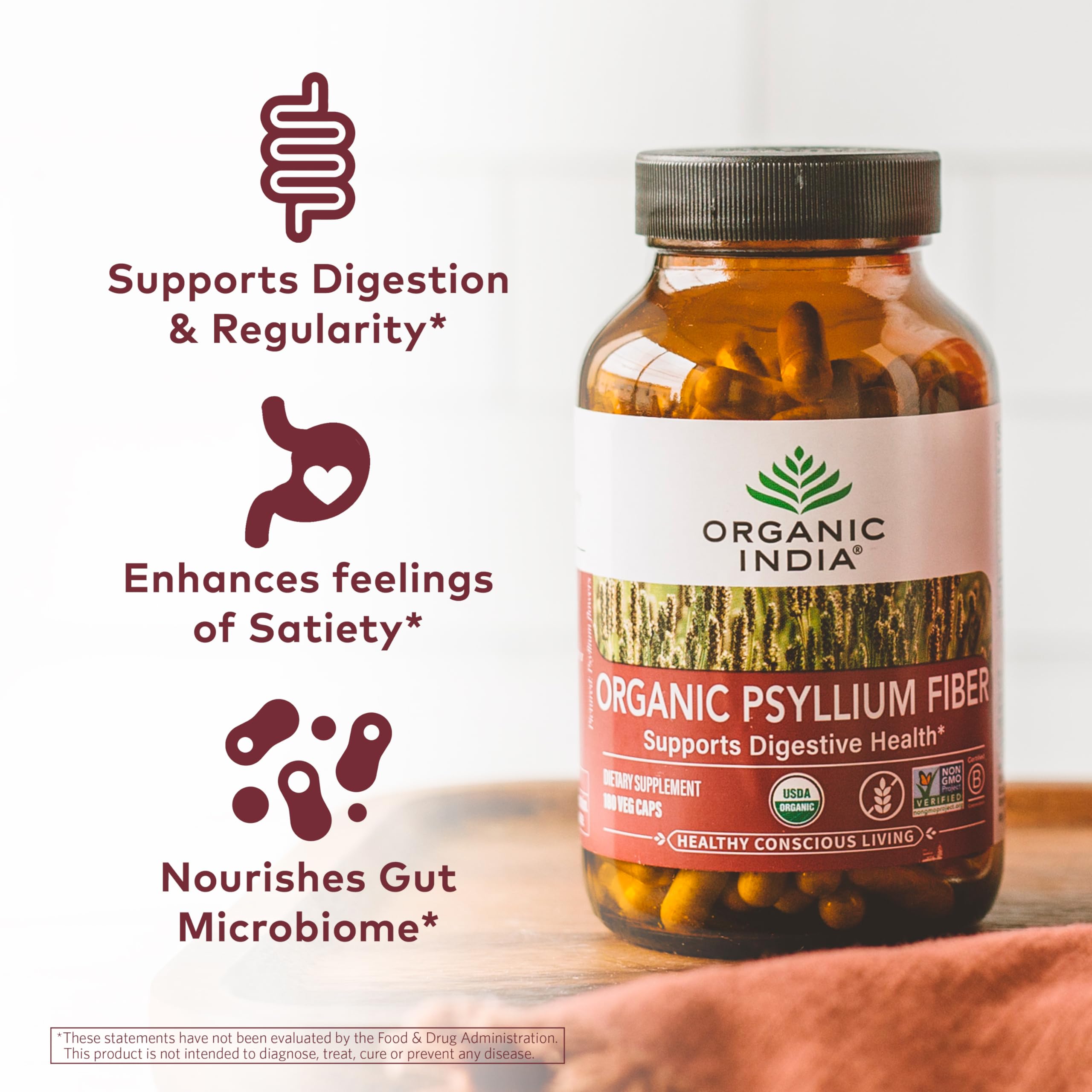 Organic India Psyllium Husk 180 capsules supplement bottle label details