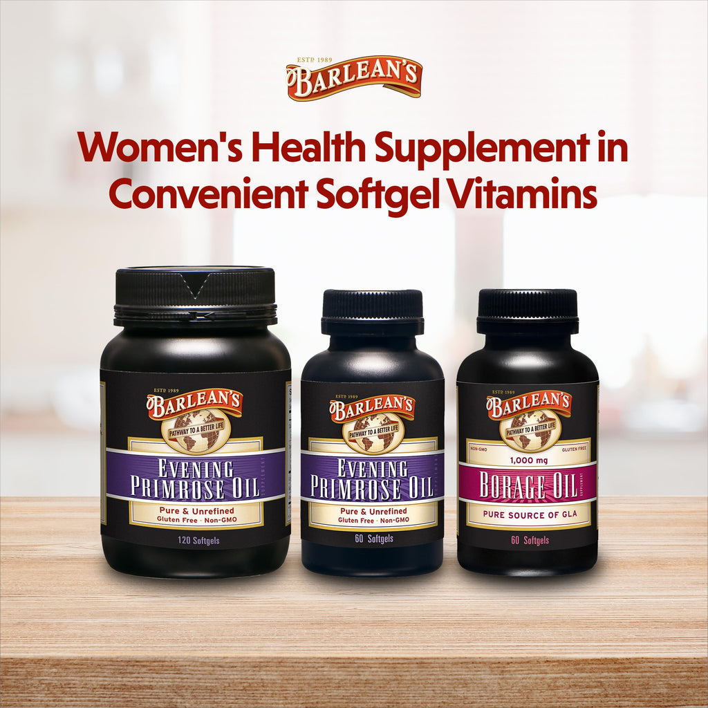 Barlean's Evening Primrose Oil 120 count bottle displayed on a clean background.