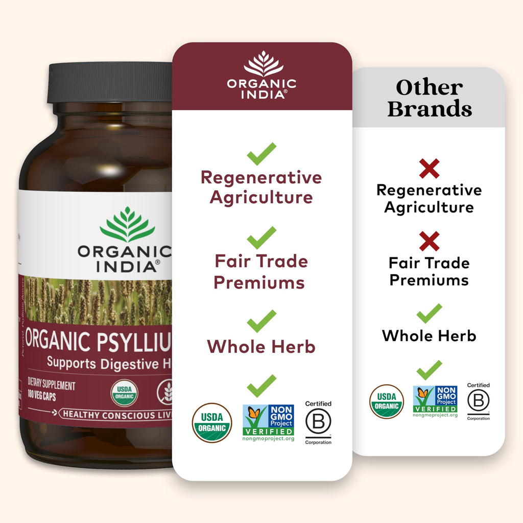 Top view of Organic India Psyllium Husk supplement bottle