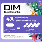 ThrivyThystle Liposomal DIM hormone balance supplement showing the non GMO and gluten free certifications.
