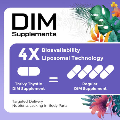 ThrivyThystle Liposomal DIM hormone balance supplement showing the non GMO and gluten free certifications.