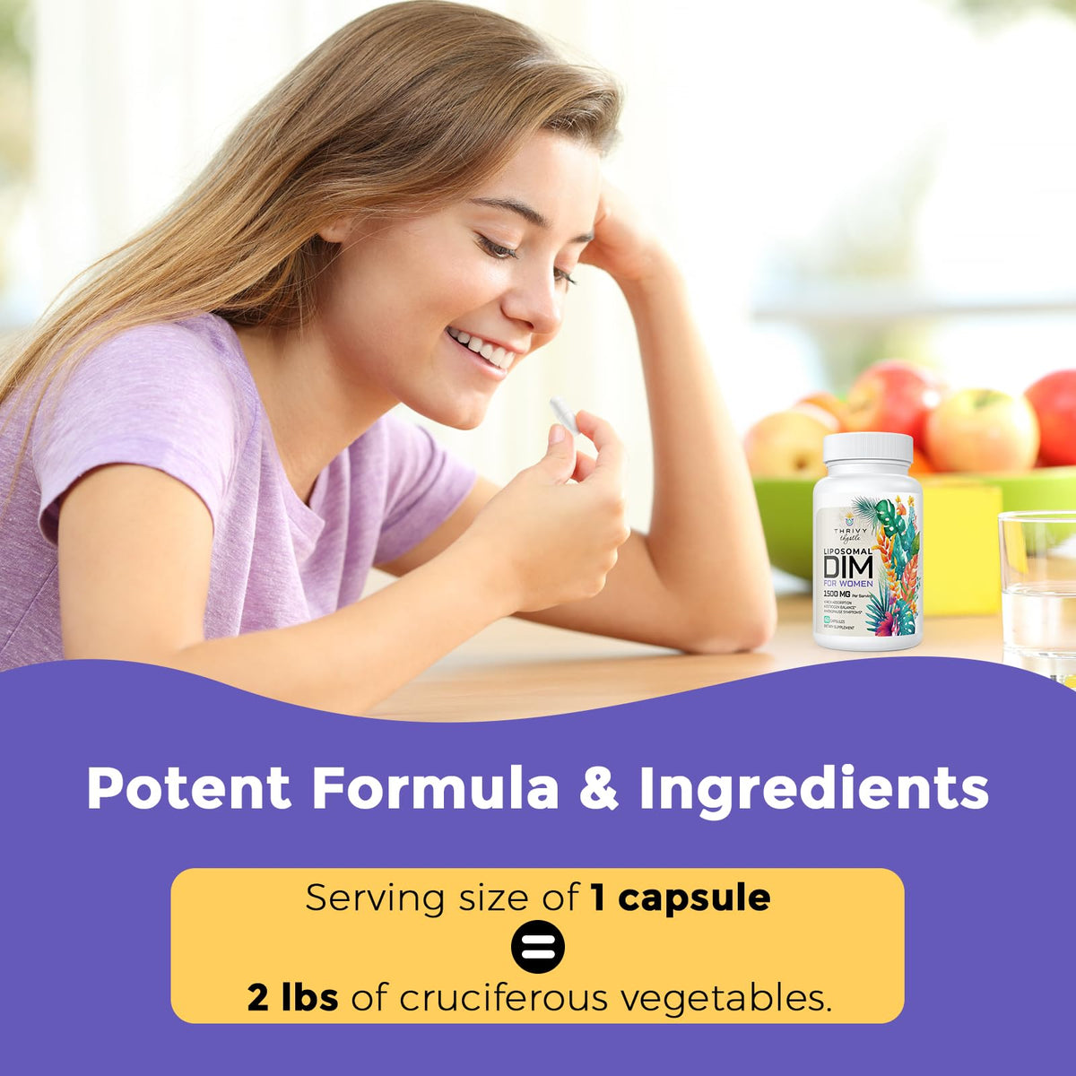 ThrivyThystle Liposomal DIM capsules alongside cruciferous broccoli vegetables emphasizing natural dietary potency.