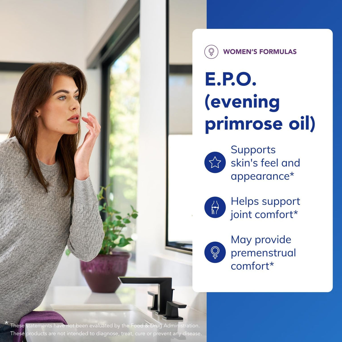 Cold pressed evening primrose oil supplement packaging showing 9 percent GLA nutritional information.
