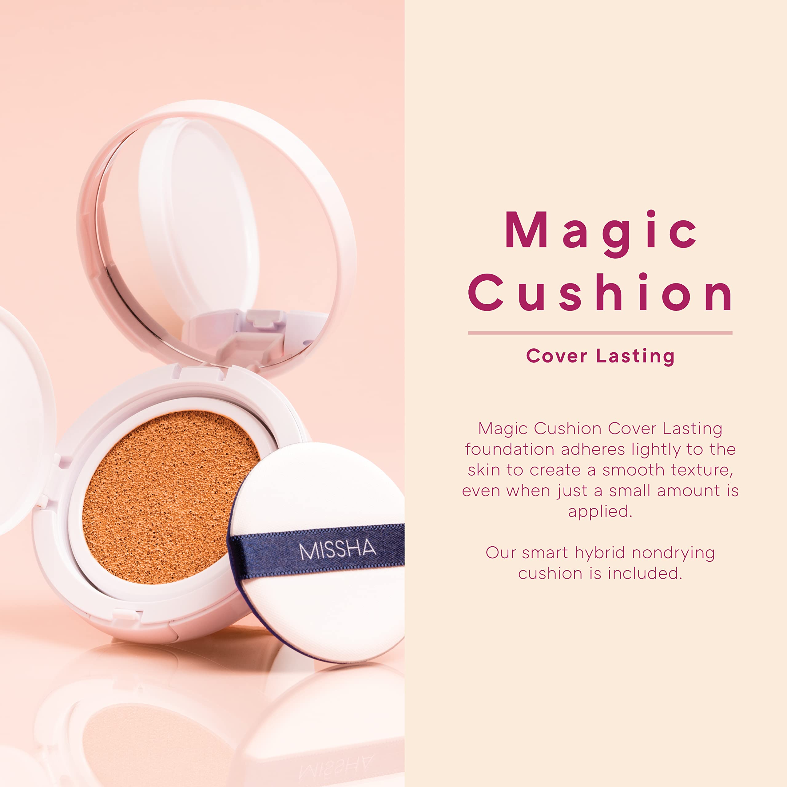 Open MISSHA cushion foundation compact showing applicator puff and formula sponge