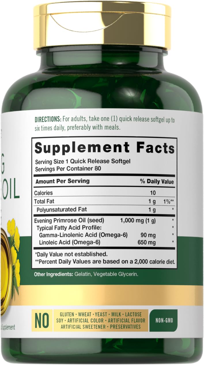 Close up of Carlyle cold pressed evening primrose oil supplement label indicating non GMO and gluten free verification