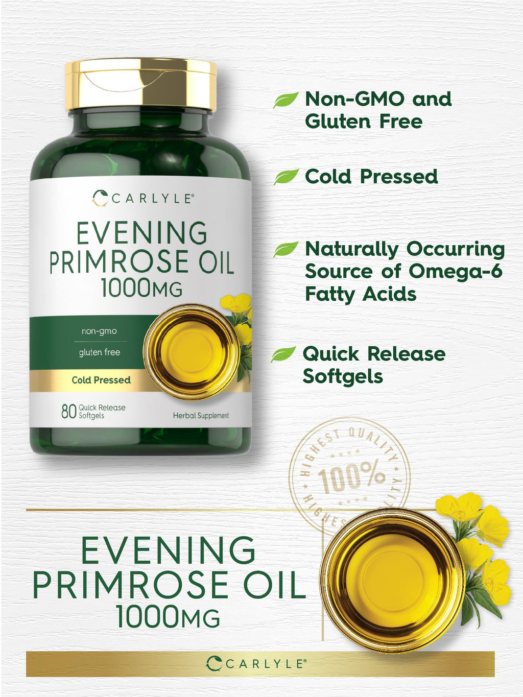 Back layout of Carlyle evening primrose oil 1000mg showing supplement facts and clean ingredient list details