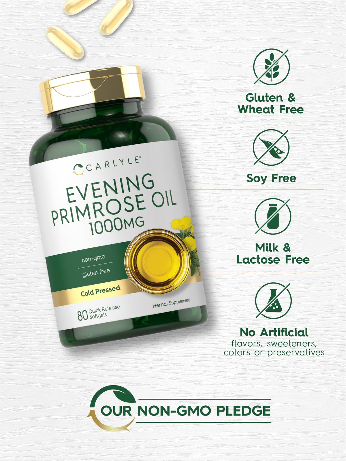 Carlyle evening primrose oil 80 softgels dietary supplement packaging highlighting gamma linolenic acid content