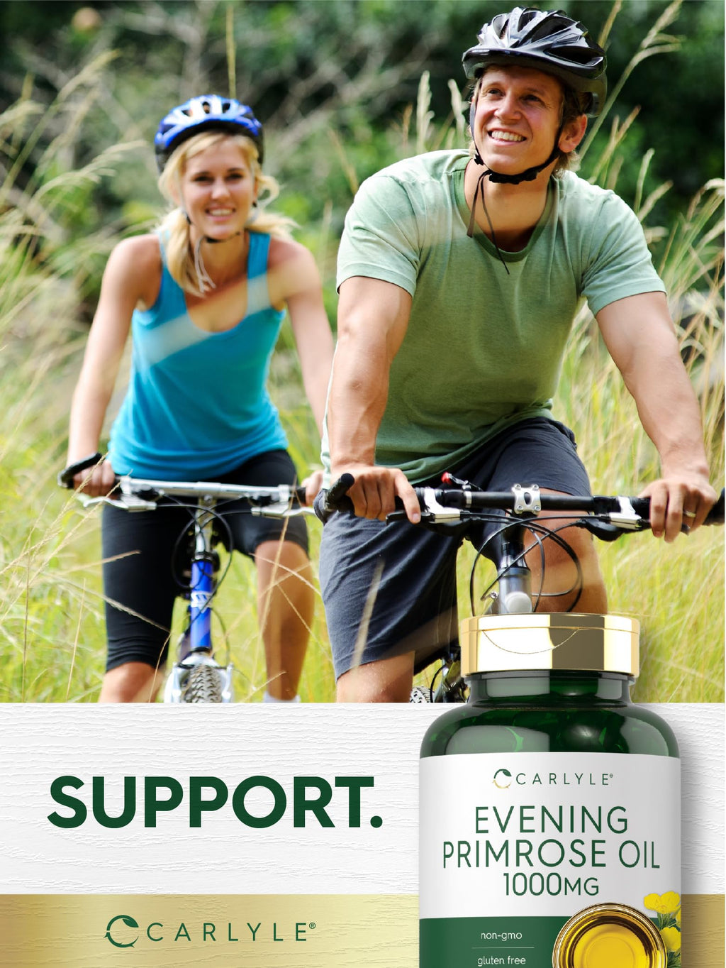 Carlyle evening primrose oil capsules on a clean surface illustrating capsule size and golden oil clarity