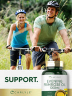 Carlyle evening primrose oil capsules on a clean surface illustrating capsule size and golden oil clarity
