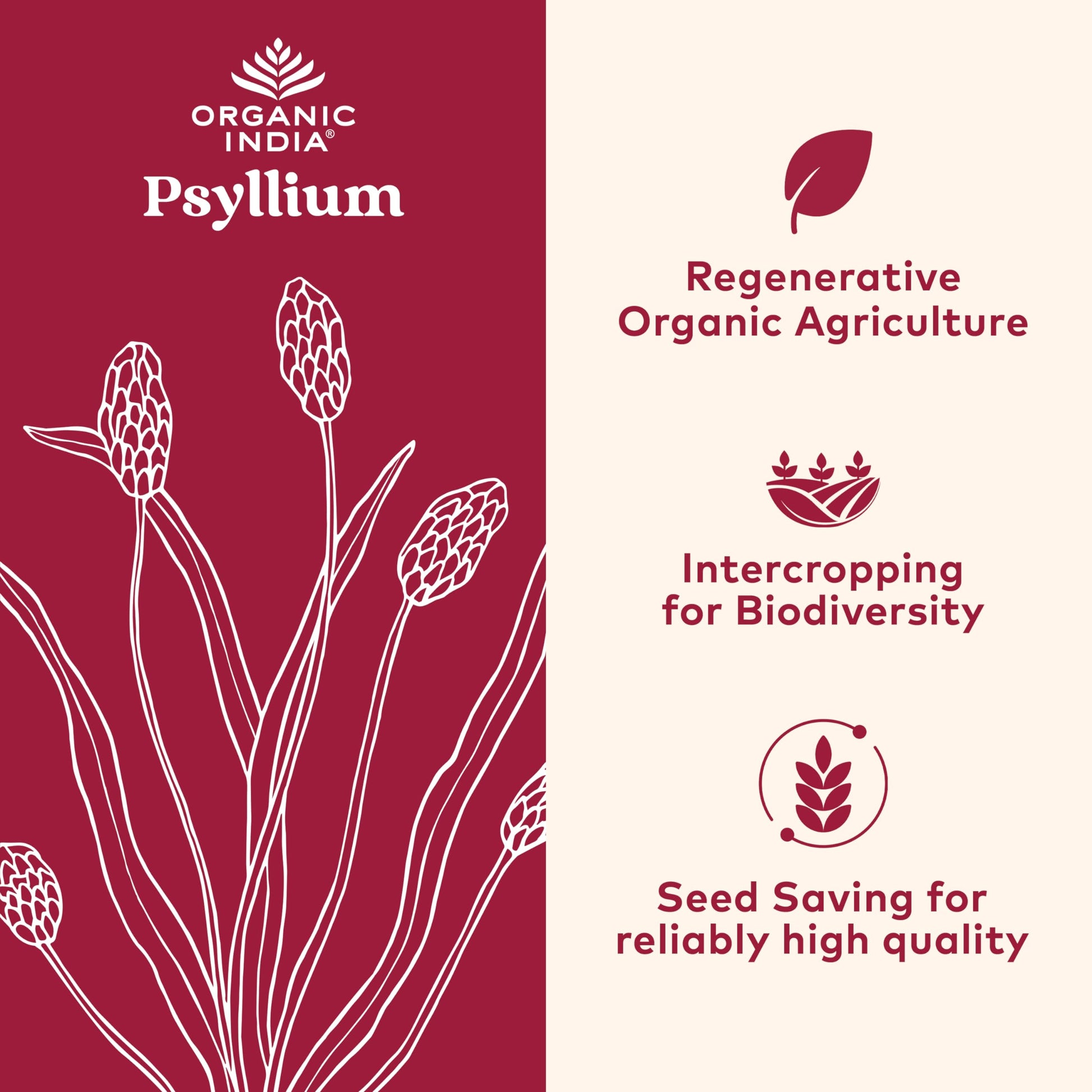Organic India Whole Psyllium Husk Herbal Powder nutrition facts label and ingredient certifications side view