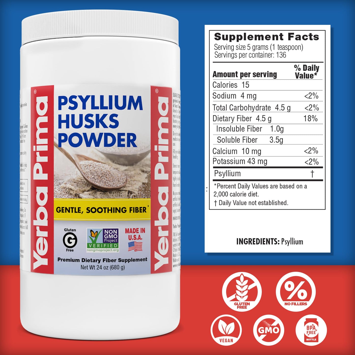 Yerba Prima psyllium husk powder ingredient list close up