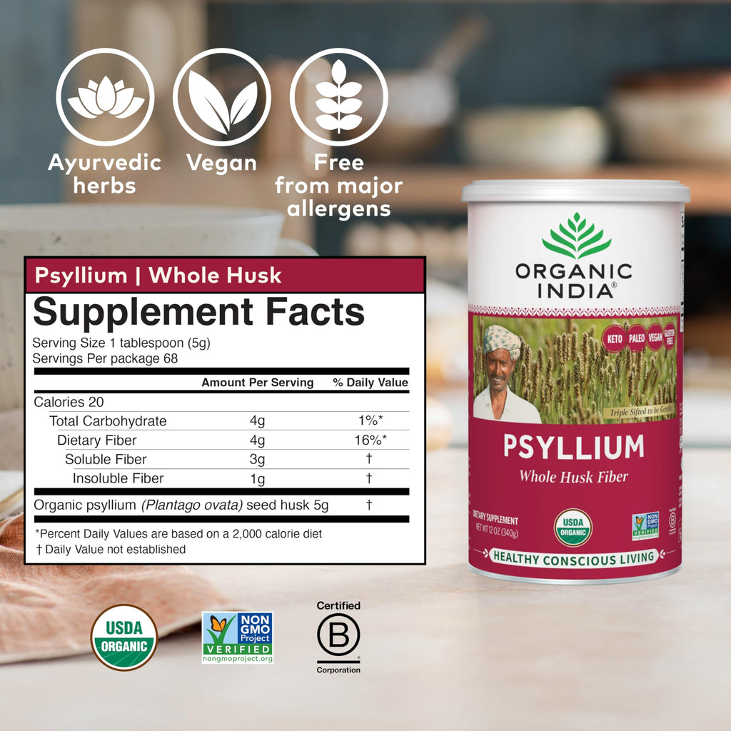 Authentic Organic India Whole Psyllium Husk Powder dietary supplement container displaying organic and non-GMO seals