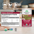 Authentic Organic India Whole Psyllium Husk Powder dietary supplement container displaying organic and non-GMO seals