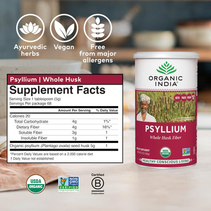 Authentic Organic India Whole Psyllium Husk Powder dietary supplement container displaying organic and non-GMO seals