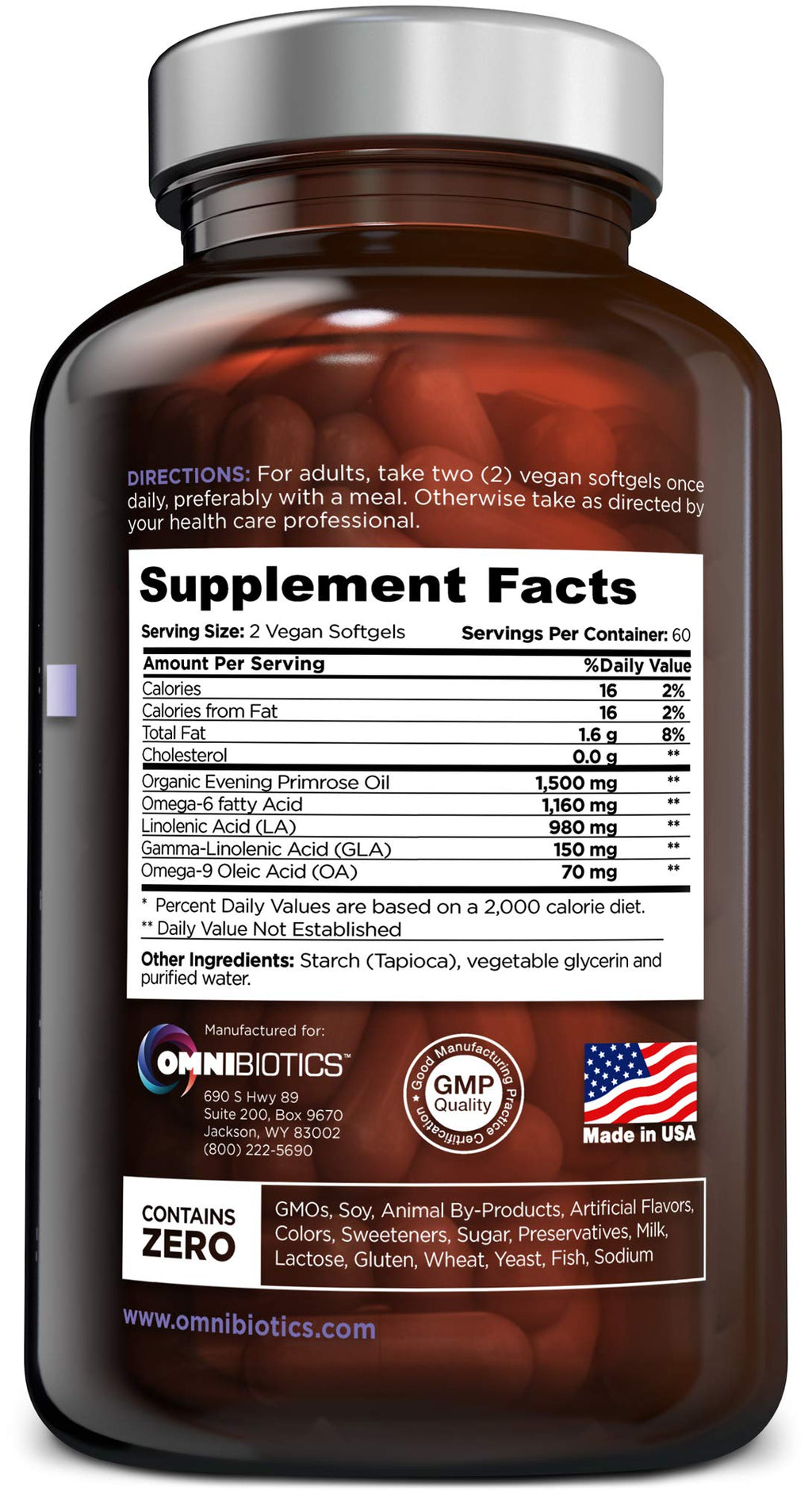 OmniBiotics Evening Primrose Oil 120 vegan softgels dietary supplement label details and nutrition facts.