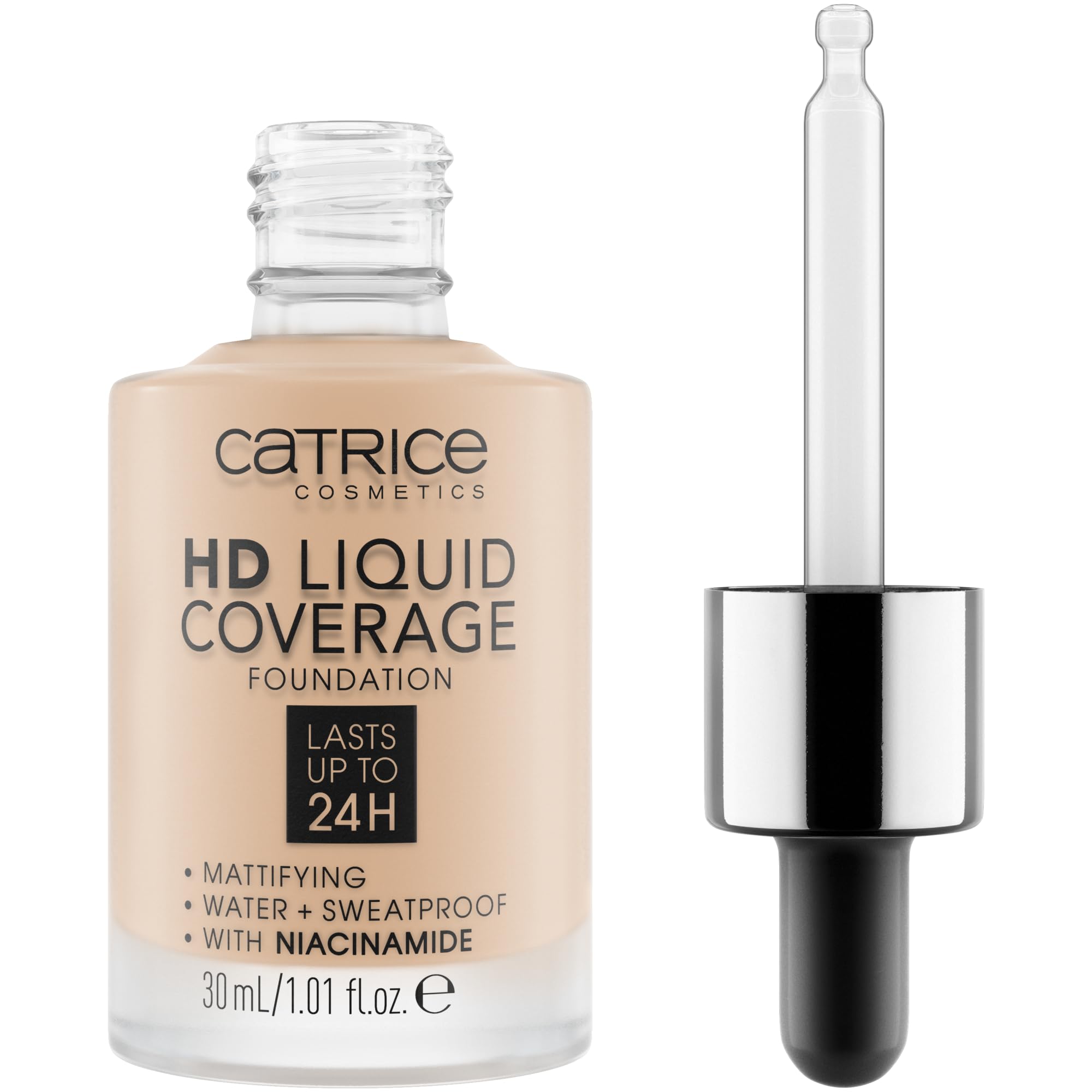 Catrice HD Liquid Coverage Foundation dropper application showing the lightweight liquid formula texture