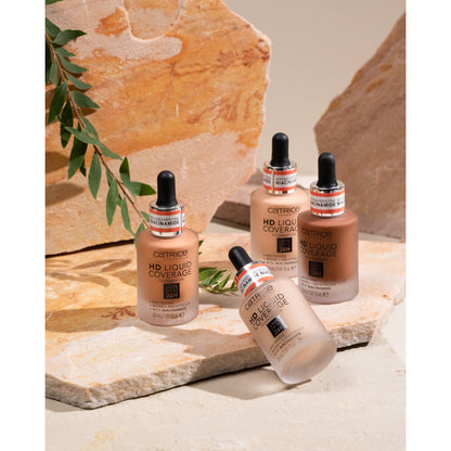 Back label of Catrice HD Liquid Coverage Foundation detailing the 24 hour wear and niacinamide formulation