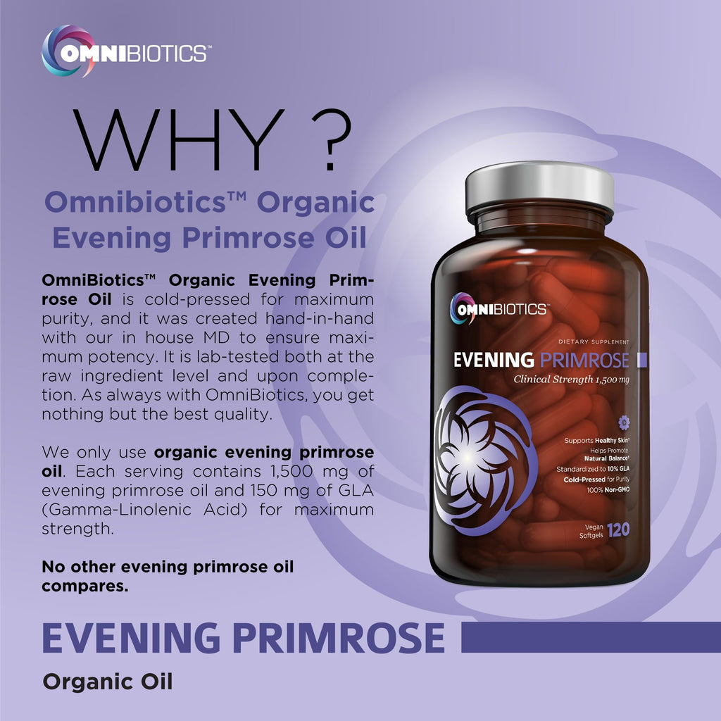 Top angle view of OmniBiotics organic evening primrose oil amber bottle on clear background.