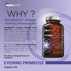 Top angle view of OmniBiotics organic evening primrose oil amber bottle on clear background.