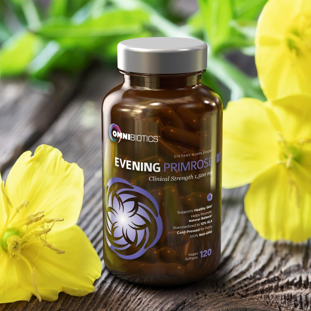 Side layout of 1500mg clinical strength evening primrose oil packaging highlighting tapioca vegan softgels.