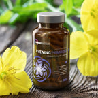 Side layout of 1500mg clinical strength evening primrose oil packaging highlighting tapioca vegan softgels.