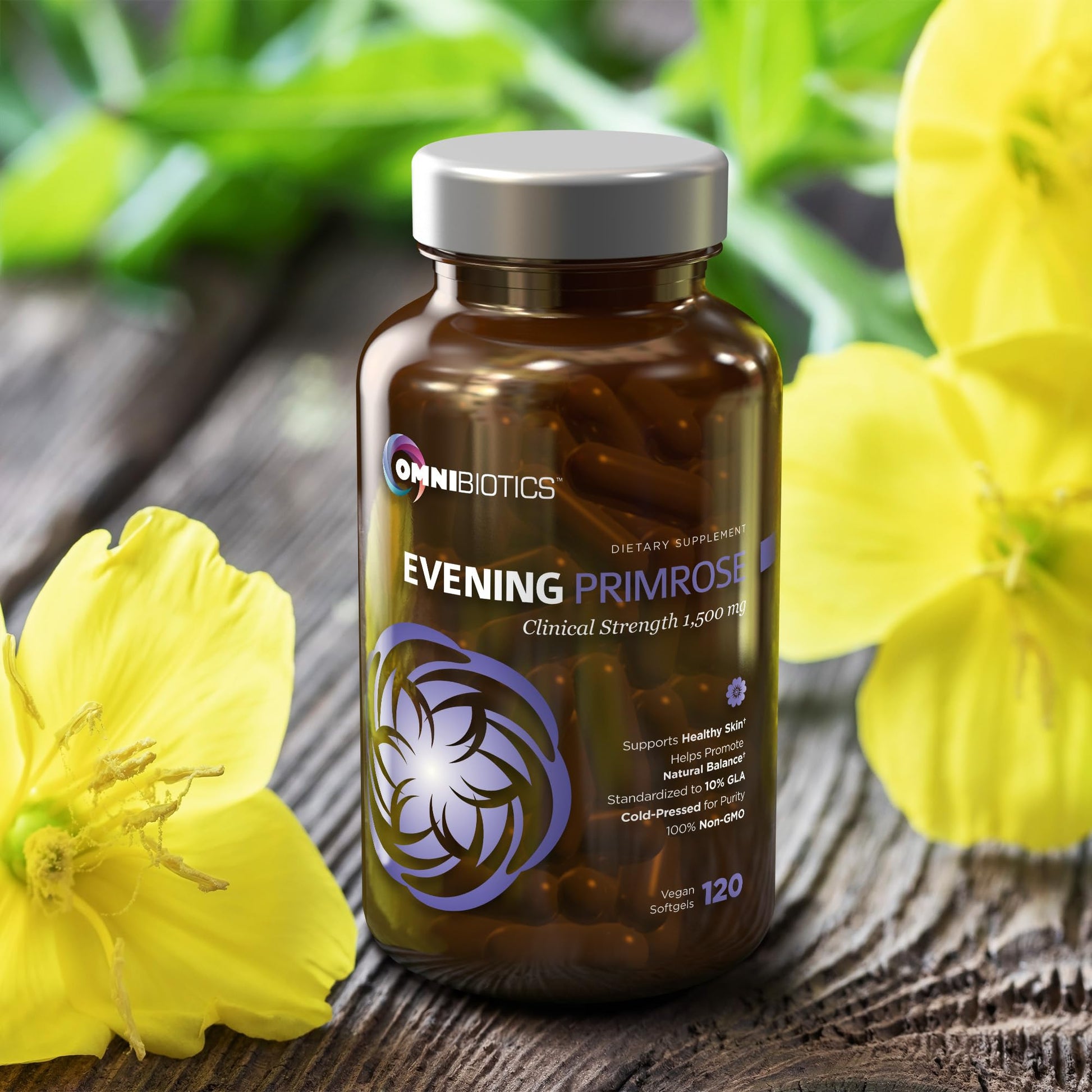 Side layout of 1500mg clinical strength evening primrose oil packaging highlighting tapioca vegan softgels.