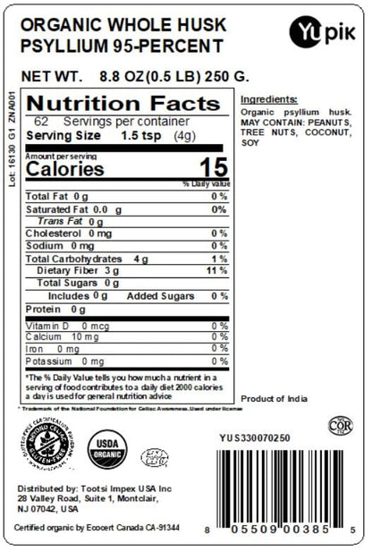 Yupik Organic Whole Husk Psyllium 95 percent purity label