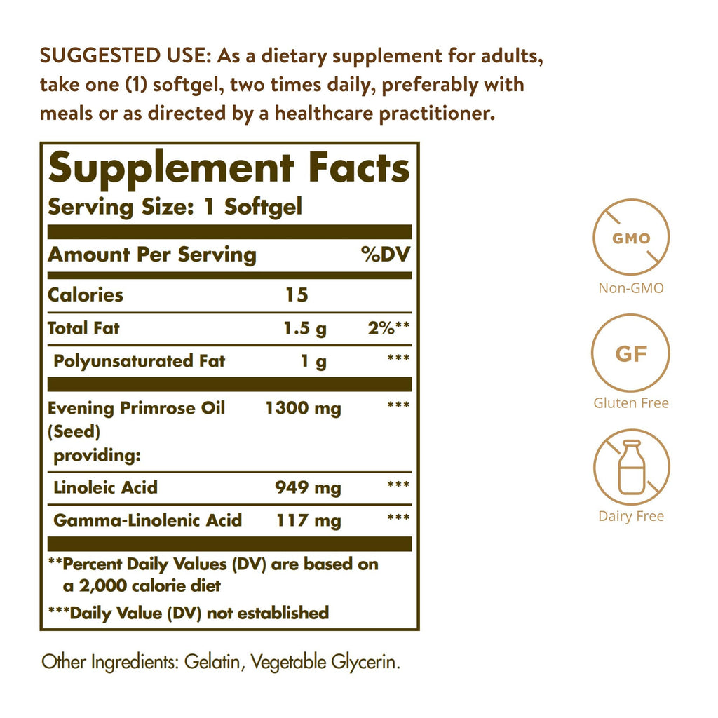 Solgar cold pressed evening primrose oil dietary supplement supplement facts and ingredients label