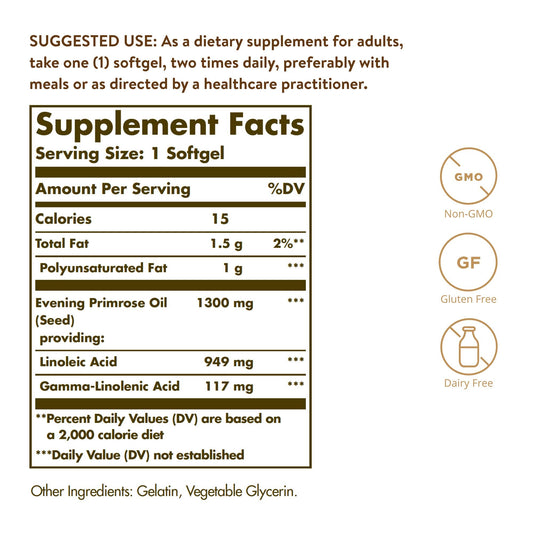 Solgar cold pressed evening primrose oil dietary supplement supplement facts and ingredients label