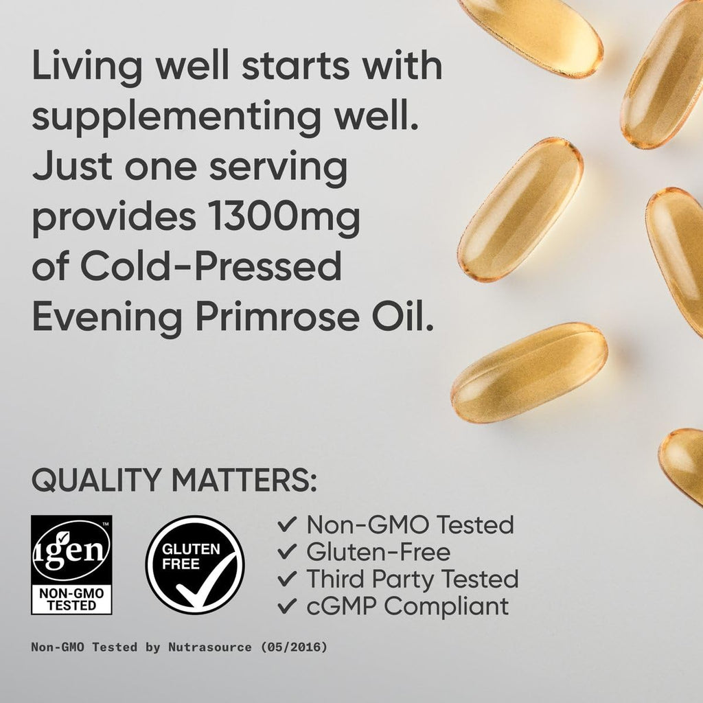 Side view of non GMO certified sports research evening primrose oil liquid softgels container