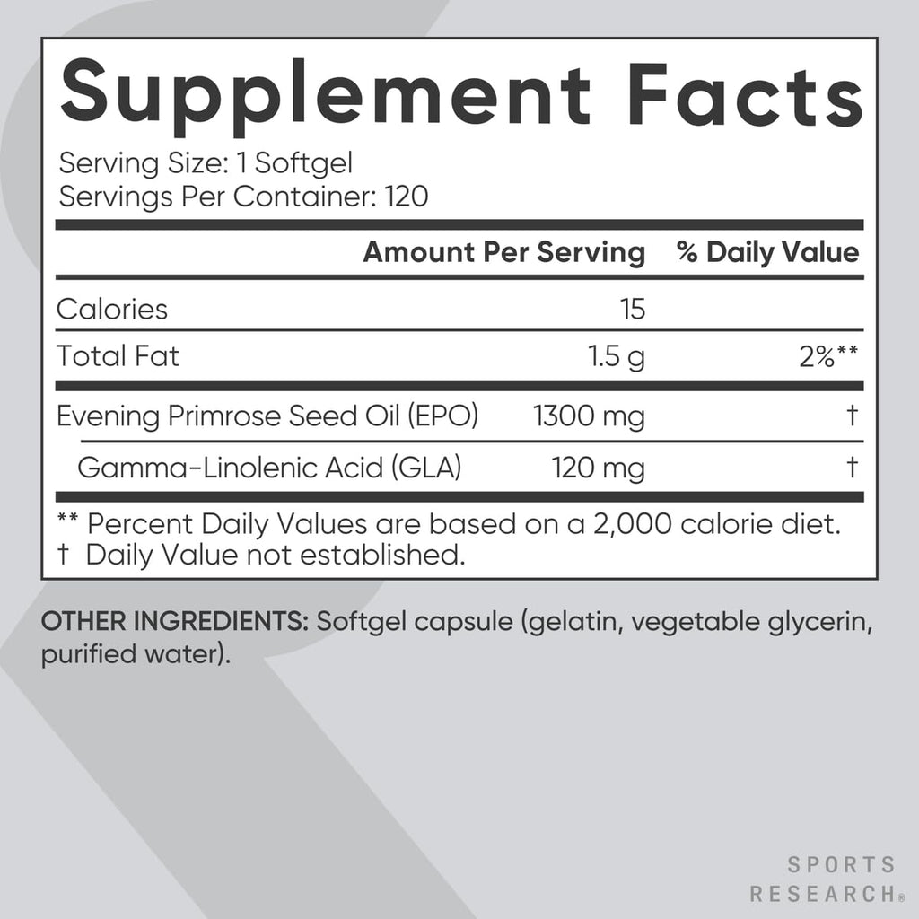 Clear amber liquid softgels of cold pressed evening primrose oil displayed next to the product bottle