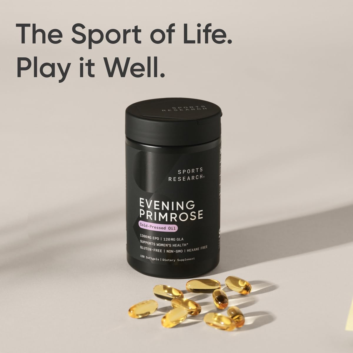 Premium packaging of authentic imported Sports Research evening primrose oil skin health supplement