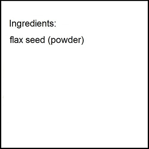 Finely milled organic flaxseed powder texture displayed next to the product container.