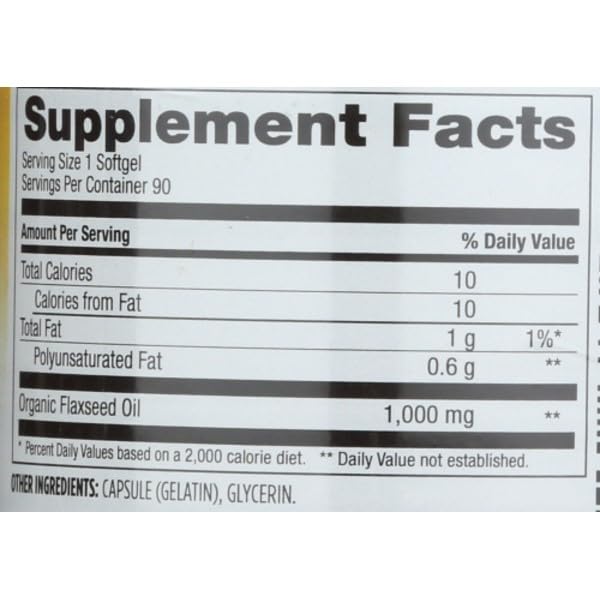 Cold pressed organic flaxseed oil 1000 Mg nutritional supplement bottle showing dosage instructions and dietary facts