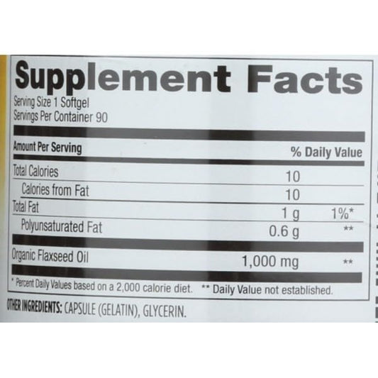 Cold pressed organic flaxseed oil 1000 Mg nutritional supplement bottle showing dosage instructions and dietary facts