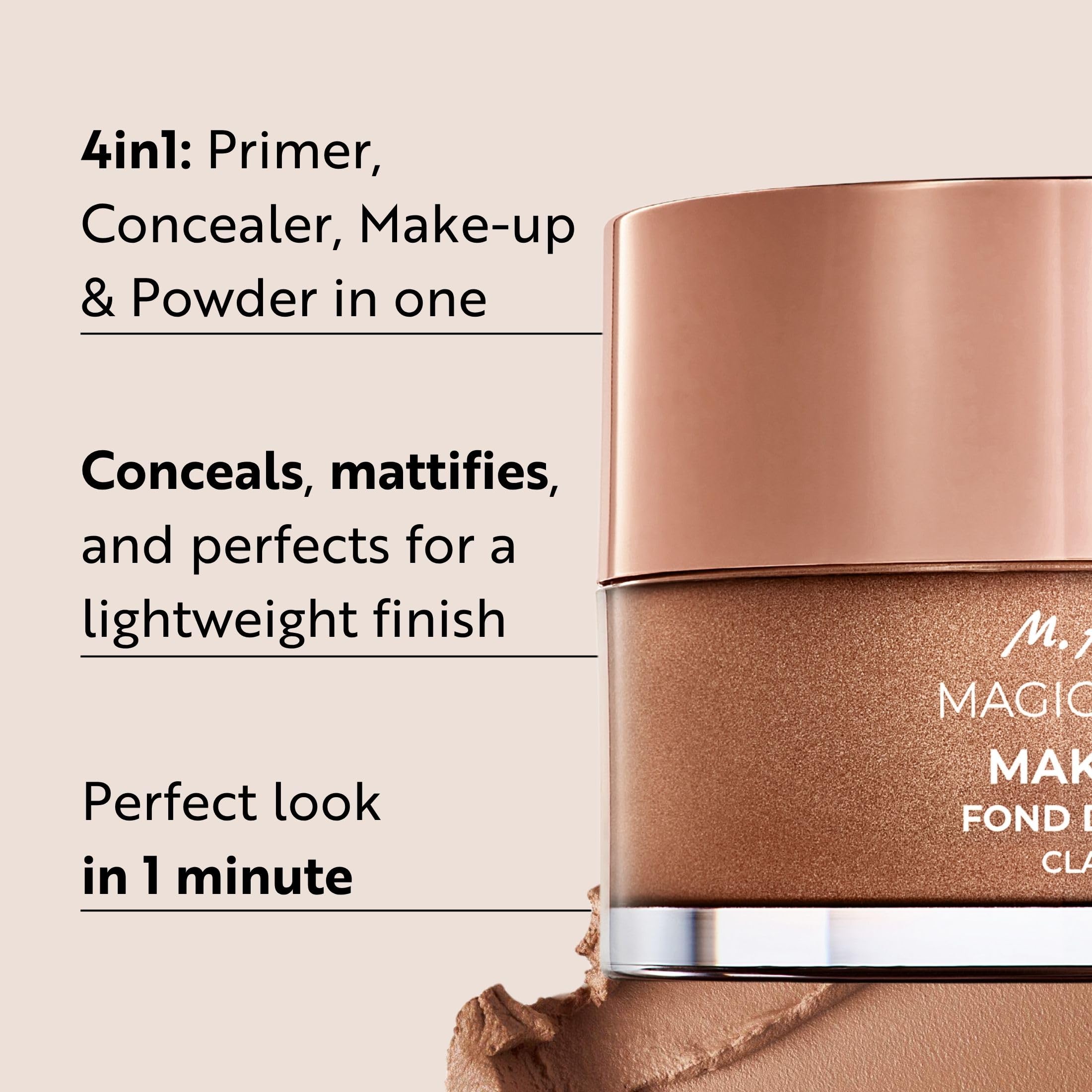 Authentic M Asam weightless cosmetic mousse jar opened to reveal the airy velvety matte texture for light to medium skin tones.