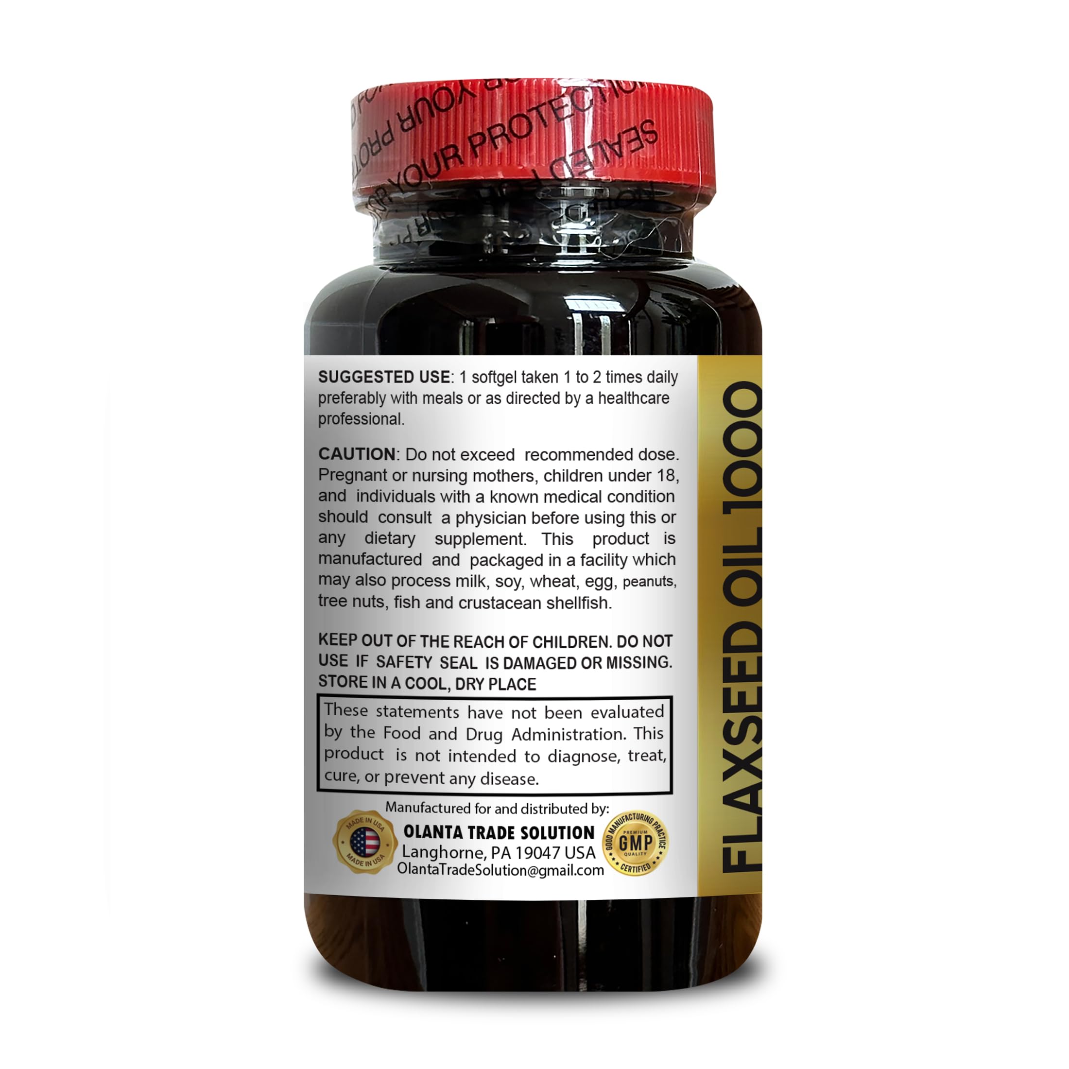 Olanta Trade Solution cold pressed flaxseed oil 100 softgels container details and nutritional facts label