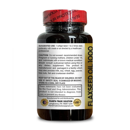 Olanta Trade Solution cold pressed flaxseed oil 100 softgels container details and nutritional facts label