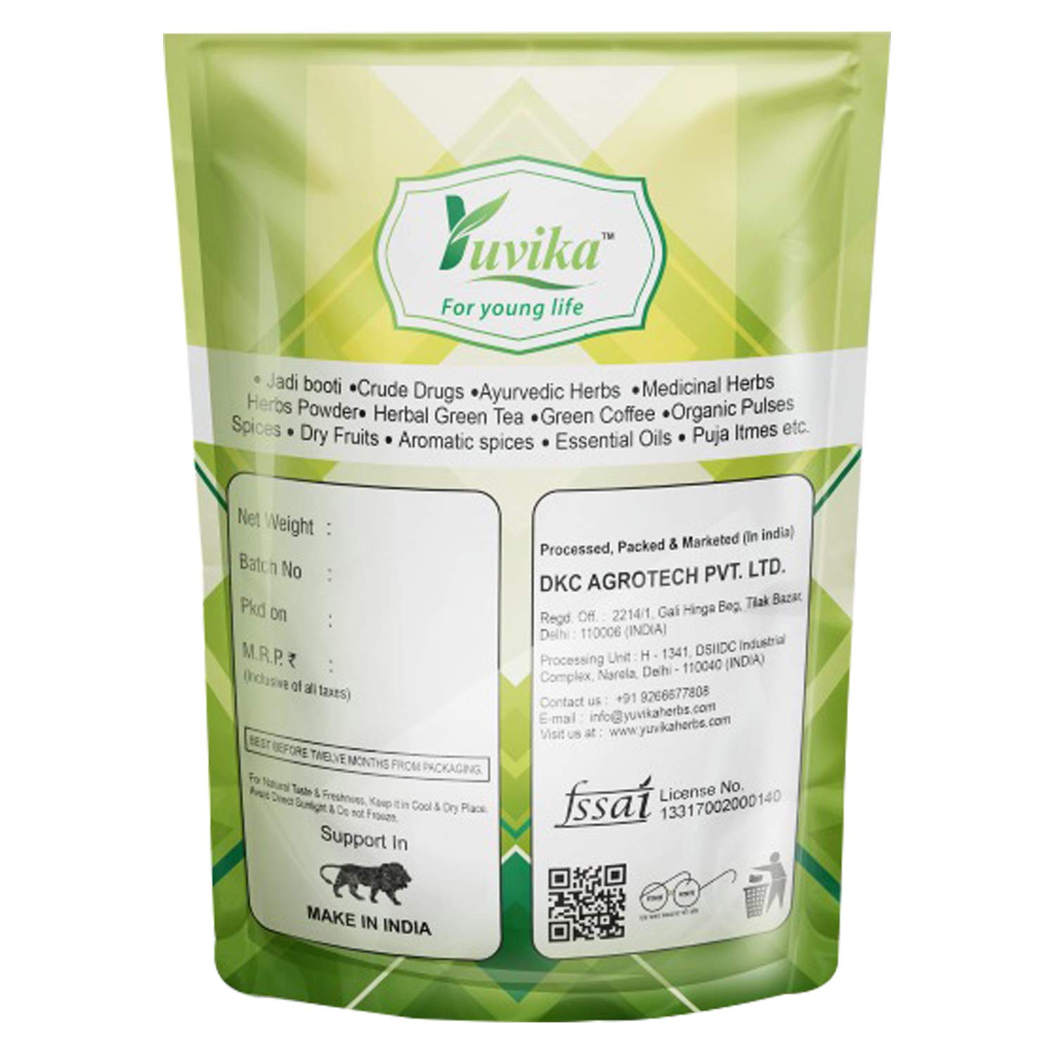 Side view of Yuvika Vidhara Seeds packaging displaying botanical product details and weight specifications.