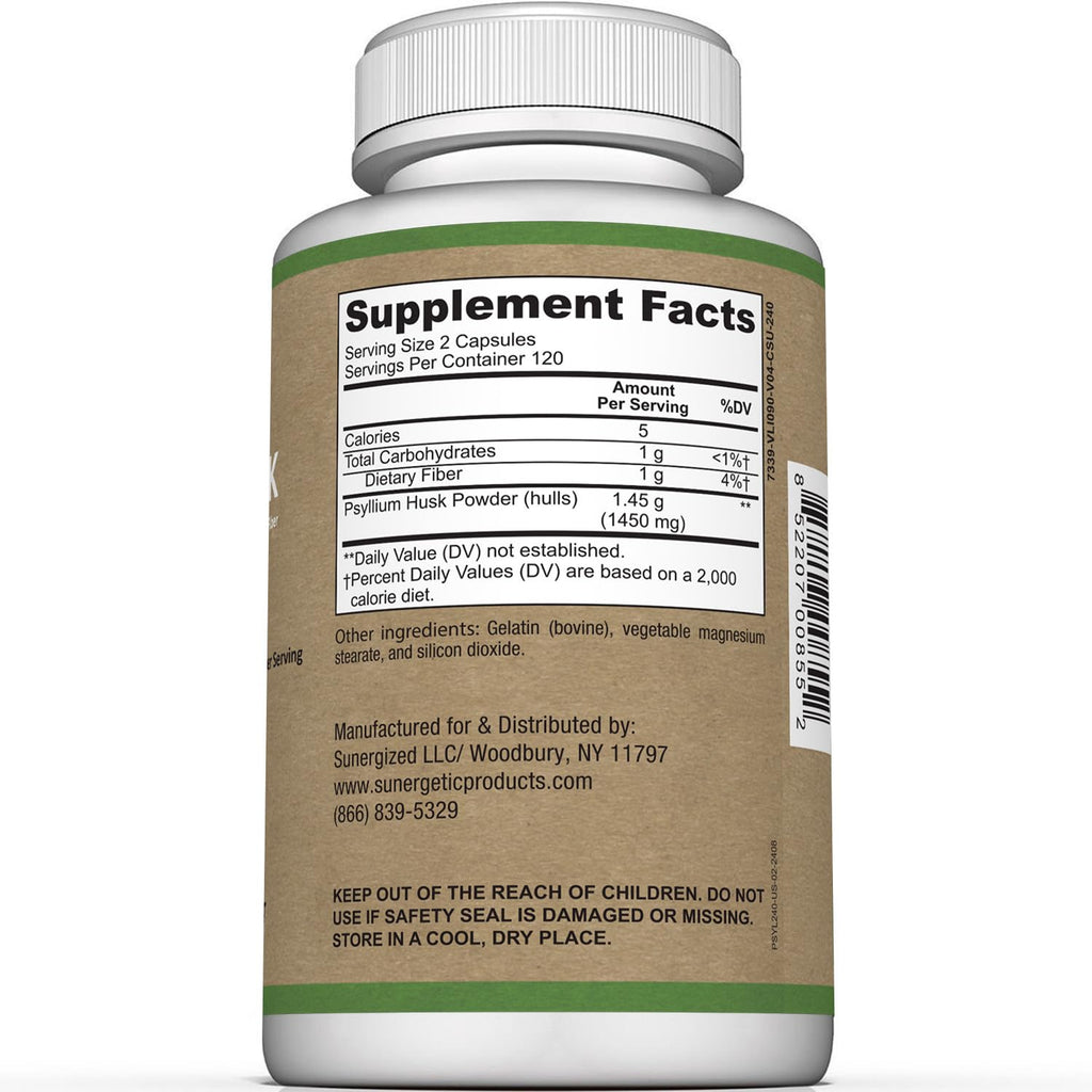 Sunergetic Psyllium Husk Supplement bottle label showing 1450mg dosage