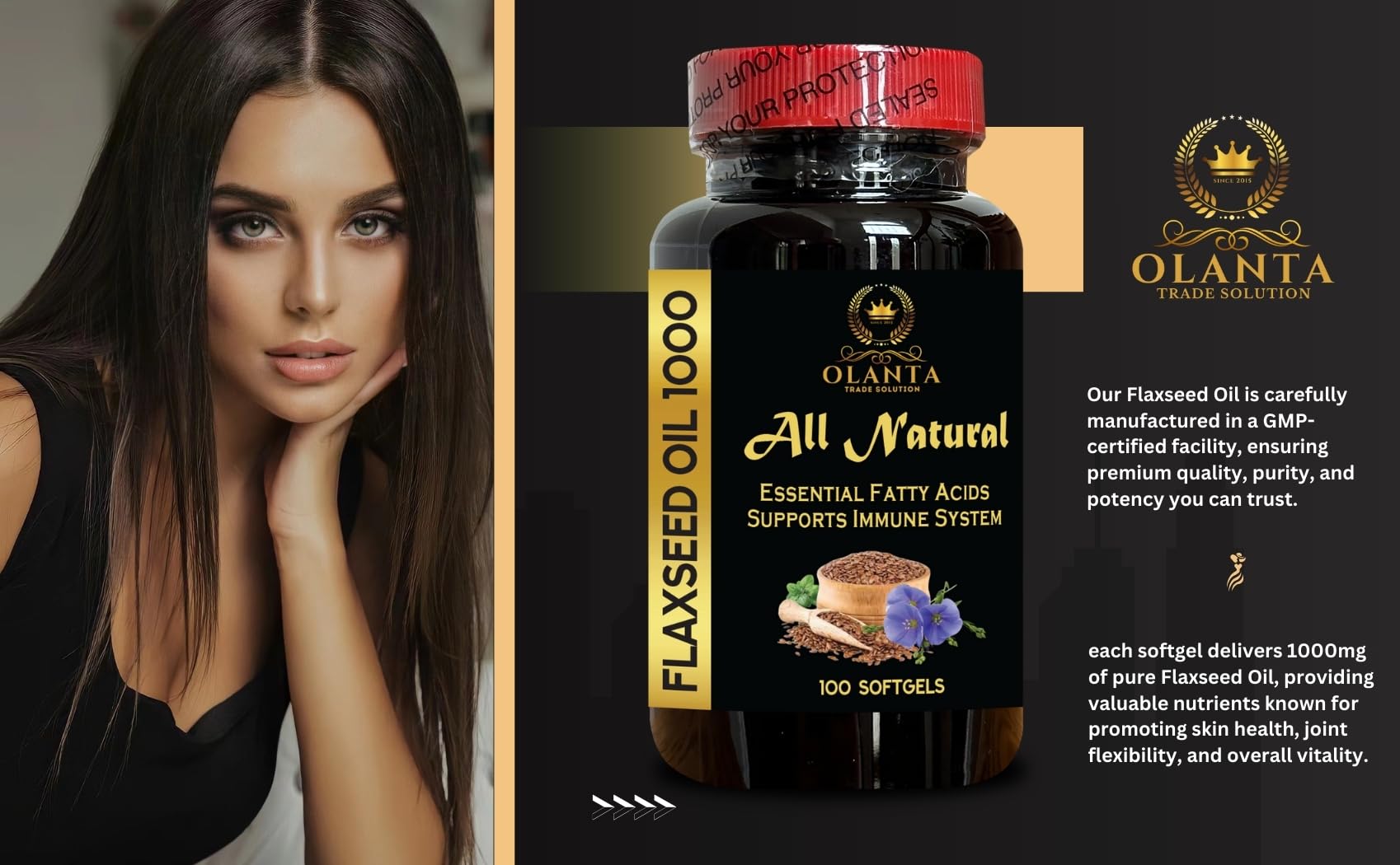 Olanta Trade Solution organic wellness flaxseed oil capsule count verified seal close up view